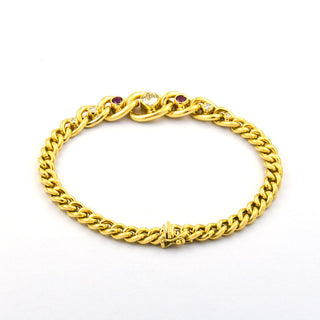 Panzerarmband aus 585 Gelbgold mit Rubin und Brillant, nachhaltiger second hand Schmuck perfekt aufgearbeitet