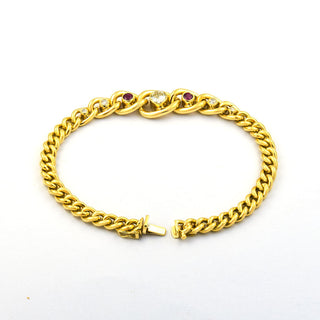 Panzerarmband aus 585 Gelbgold mit Rubin und Brillant, nachhaltiger second hand Schmuck perfekt aufgearbeitet
