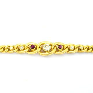Panzerarmband aus 585 Gelbgold mit Rubin und Brillant, nachhaltiger second hand Schmuck perfekt aufgearbeitet