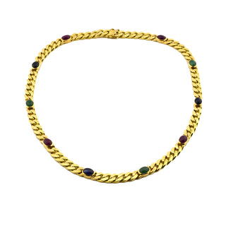 Rubinkette aus 750 Gelbgold mit Saphir und Smaragd, nachhaltiger second hand Schmuck perfekt aufgearbeitet