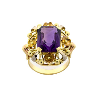 Ring aus 585 Gelb-, Rot- und Weißgold mit Amethyst, nachhaltiger second hand Schmuck perfekt aufgearbeitet