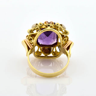 Ring aus 585 Gelb-, Rot- und Weißgold mit Amethyst, nachhaltiger second hand Schmuck perfekt aufgearbeitet