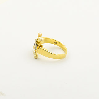 Ring aus 585 Gelb- und Weißgold mit Perle und Diamant, nachhaltiger second hand Schmuck perfekt aufgearbeitet
