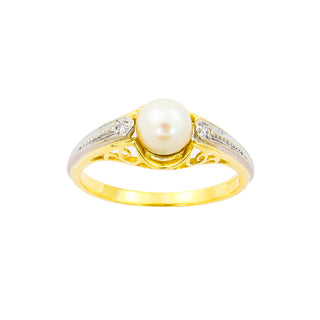 Perlenring aus 585 Gelb- und Weißgold mit Diamant, nachhaltiger second hand Schmuck perfekt aufgearbeitet