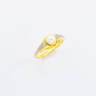 Perlenring aus 585 Gelb- und Weißgold mit Diamant, nachhaltiger second hand Schmuck perfekt aufgearbeitet