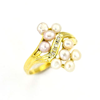 Perlenring aus 585 Gelb- und Weißgold mit Brillant, nachhaltiger second hand Schmuck perfekt aufgearbeitet