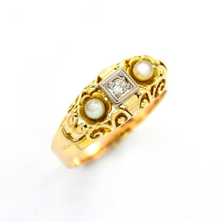 Perlenring aus 585 Gelb- und Weißgold mit Brillant, nachhaltiger second hand Schmuck perfekt aufgearbeitet