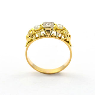 Perlenring aus 585 Gelb- und Weißgold mit Brillant, nachhaltiger second hand Schmuck perfekt aufgearbeitet