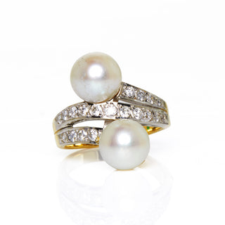 Perlenring aus 585 Gelb- und Weißgold mit Brillant, nachhaltiger second hand Schmuck perfekt aufgearbeitet