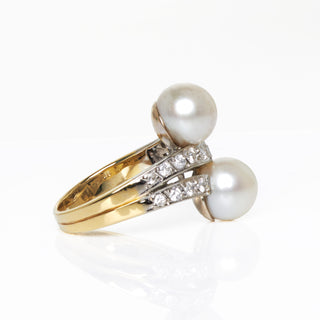 Perlenring aus 585 Gelb- und Weißgold mit Brillant, nachhaltiger second hand Schmuck perfekt aufgearbeitet