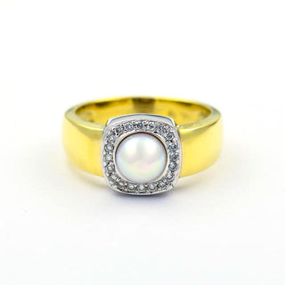 Perlenring aus 585 Gelb- und Weißgold mit Brillant, nachhaltiger second hand Schmuck perfekt aufgearbeitet