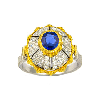 Saphirring aus 750 Gelb- und Weißgold mit Diamant, nachhaltiger second hand Schmuck perfekt aufgearbeitet