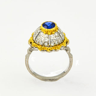 Saphirring aus 750 Gelb- und Weißgold mit Diamant, nachhaltiger second hand Schmuck perfekt aufgearbeitet