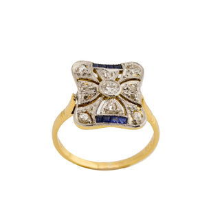 Saphirring aus 585 Gelbgold/Platin mit Brillant und Diamant, nachhaltiger second hand Schmuck perfekt aufgearbeitet