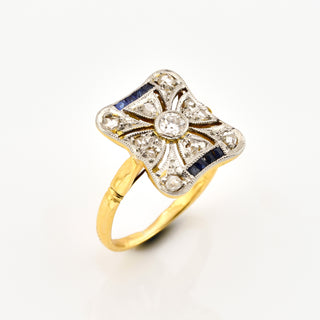 Saphirring aus 585 Gelbgold/Platin mit Brillant und Diamant, nachhaltiger second hand Schmuck perfekt aufgearbeitet