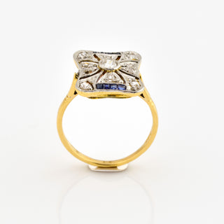 Saphirring aus 585 Gelbgold/Platin mit Brillant und Diamant, nachhaltiger second hand Schmuck perfekt aufgearbeitet