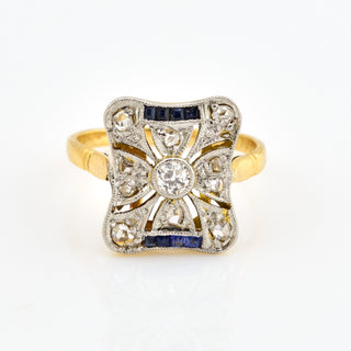 Saphirring aus 585 Gelbgold/Platin mit Brillant und Diamant, nachhaltiger second hand Schmuck perfekt aufgearbeitet