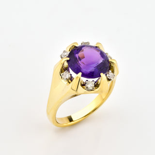 Ring aus 585 Gelbgold mit Amethyst und Diamant, nachhaltiger second hand Schmuck perfekt aufgearbeitet