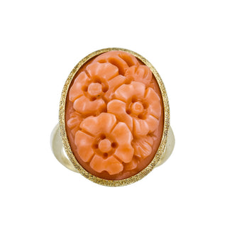 Korallenring Blumen aus 585 Gelbgold, nachhaltiger second hand Schmuck perfekt aufgearbeitet