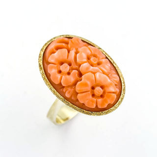 Korallenring Blumen aus 585 Gelbgold, nachhaltiger second hand Schmuck perfekt aufgearbeitet