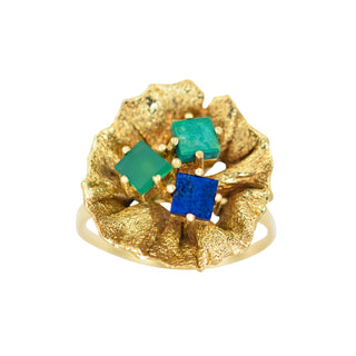 Ring aus 585 Gelbgold mit Lapislazuli, Türkis und Chrysopras, nachhaltiger second hand Schmuck perfekt aufgearbeitet