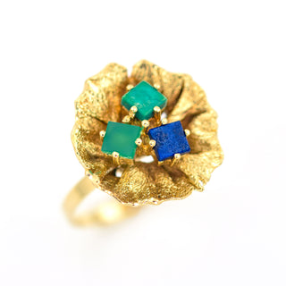 Ring aus 585 Gelbgold mit Lapislazuli, Türkis und Chrysopras, nachhaltiger second hand Schmuck perfekt aufgearbeitet