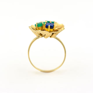 Ring aus 585 Gelbgold mit Lapislazuli, Türkis und Chrysopras, nachhaltiger second hand Schmuck perfekt aufgearbeitet