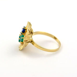 Ring aus 585 Gelbgold mit Lapislazuli, Türkis und Chrysopras, nachhaltiger second hand Schmuck perfekt aufgearbeitet