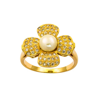 Ring Blume aus 750 Gelbgold mit Perle und Brillant, nachhaltiger second hand Schmuck perfekt aufgearbeitet