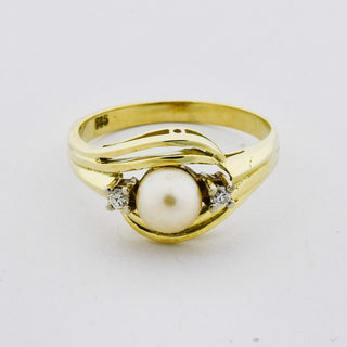 Perlenring aus 585 Gelbgold mit Diamant, nachhaltiger second hand Schmuck perfekt aufgearbeitet