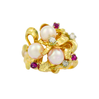 Perlenring aus 585 Gelbgold mit Brillant und Rubin, nachhaltiger second hand Schmuck perfekt aufgearbeitet