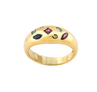 Rubinring aus 585 Gelbgold mit Saphir und Smaragd, nachhaltiger second hand Schmuck perfekt aufgearbeitet