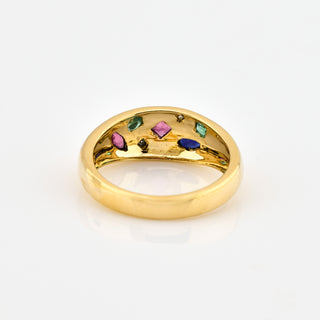 Rubinring aus 585 Gelbgold mit Saphir und Smaragd, nachhaltiger second hand Schmuck perfekt aufgearbeitet