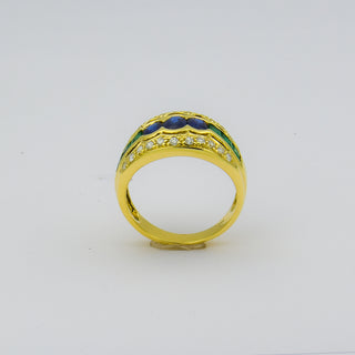 Ring aus 585 Gelbgold mit Saphir, Smaragd und Brillant, nachhaltiger second hand Schmuck perfekt aufgearbeitet