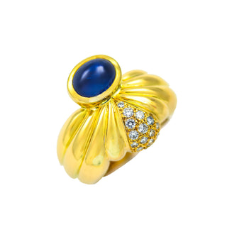 Saphirring aus 750 Gelbgold mit Brillant, nachhaltiger second hand Schmuck perfekt aufgearbeitet