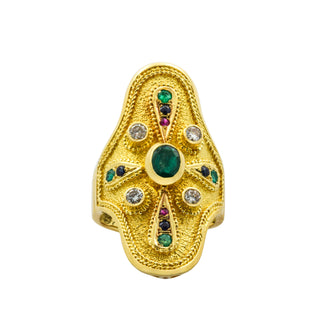 Smaragdring aus 750 Gelbgold mit Saphir und Rubin, nachhaltiger second hand Schmuck perfekt aufgearbeitet