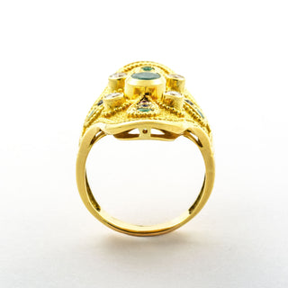 Smaragdring aus 750 Gelbgold mit Saphir und Rubin, nachhaltiger second hand Schmuck perfekt aufgearbeitet