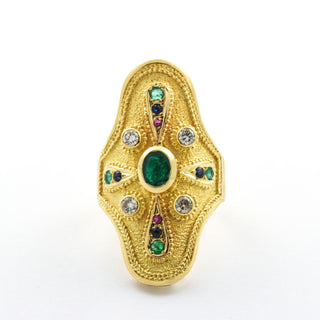 Smaragdring aus 750 Gelbgold mit Saphir und Rubin, nachhaltiger second hand Schmuck perfekt aufgearbeitet