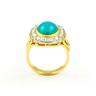 Ring aus 585 Gelbgold mit Türkis und Diamant, nachhaltiger second hand Schmuck perfekt aufgearbeitet