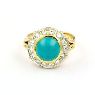 Ring aus 585 Gelbgold mit Türkis und Diamant, nachhaltiger second hand Schmuck perfekt aufgearbeitet