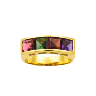 Ring aus 750 Gelbgold mit Turmalin, Granat und Amethyst, nachhaltiger second hand Schmuck perfekt aufgearbeitet