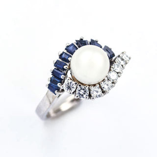 Perlenring aus 585 Weißgold mit Saphir und Brillant, nachhaltiger second hand Schmuck perfekt aufgearbeitet