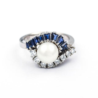 Perlenring aus 585 Weißgold mit Saphir und Brillant, nachhaltiger second hand Schmuck perfekt aufgearbeitet