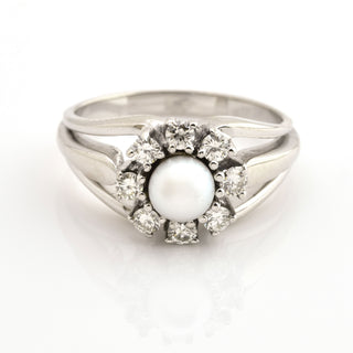Perlenring aus 585 Weißgold mit Brillant, nachhaltiger second hand Schmuck perfekt aufgearbeitet