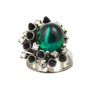 Ring aus 585 Weißgold mit Turmalin und Brillant, nachhaltiger second hand Schmuck perfekt aufgearbeitet