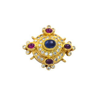 Saphirschließe aus 750 Gelbgold mit Rubin und Brillant, nachhaltiger second hand Schmuck perfekt aufgearbeitet