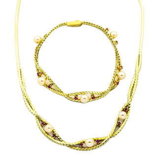 Schmuckset aus 585 Gelbgold mit Perle und Rubin, nachhaltiger second hand Schmuck perfekt aufgearbeitet