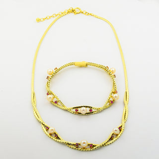 Schmuckset aus 585 Gelbgold mit Perle und Rubin, nachhaltiger second hand Schmuck perfekt aufgearbeitet