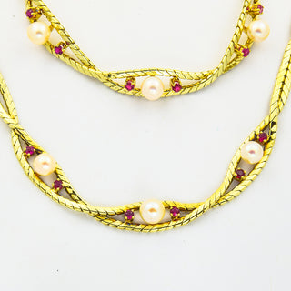 Schmuckset aus 585 Gelbgold mit Perle und Rubin, nachhaltiger second hand Schmuck perfekt aufgearbeitet