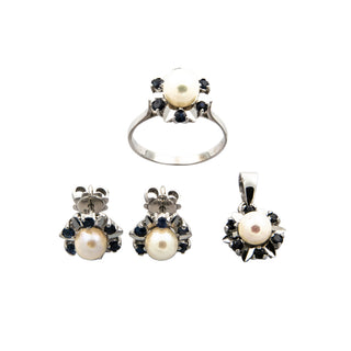 Schmuckset aus 585 Weißgold mit Perle und Saphir, nachhaltiger second hand Schmuck perfekt aufgearbeitet